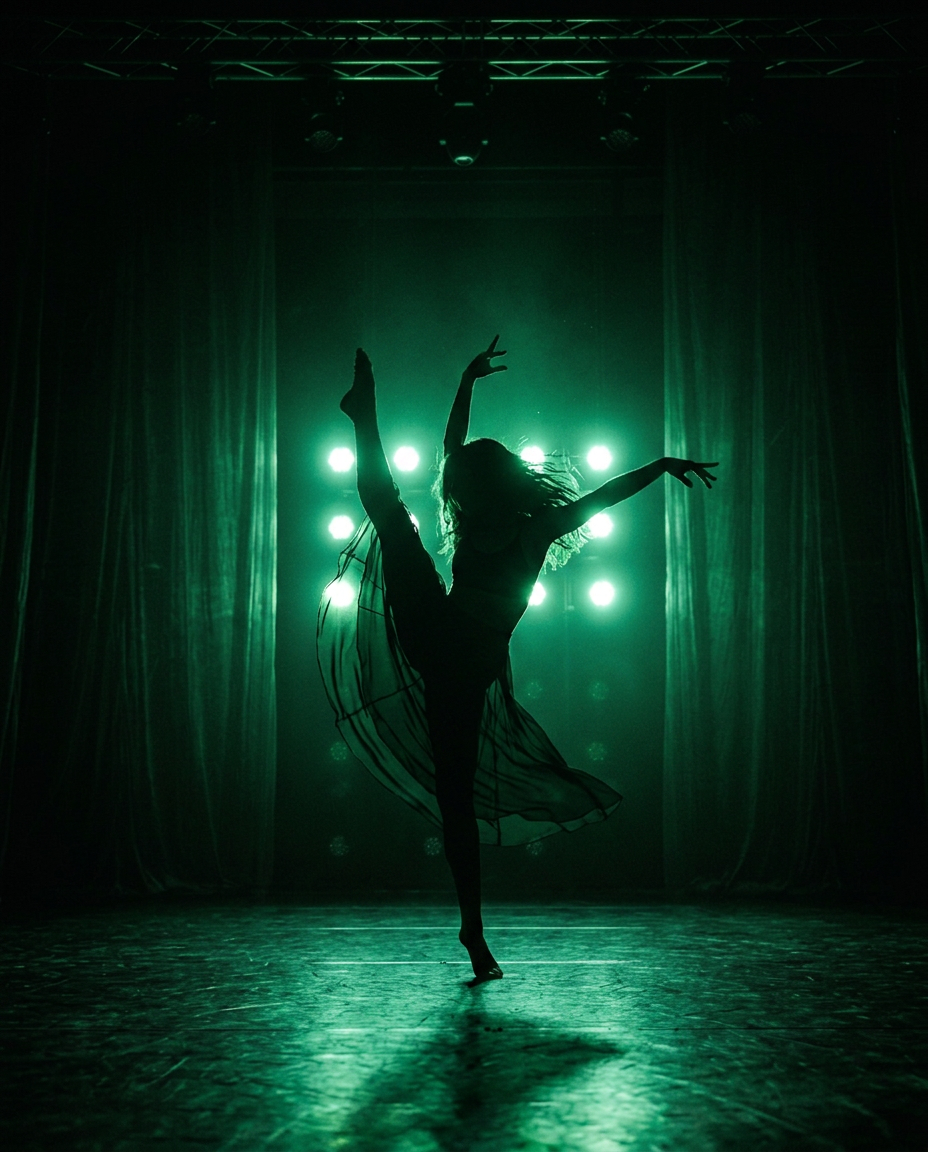 Dancer performing under stage lighting at One Stop Performing Arts